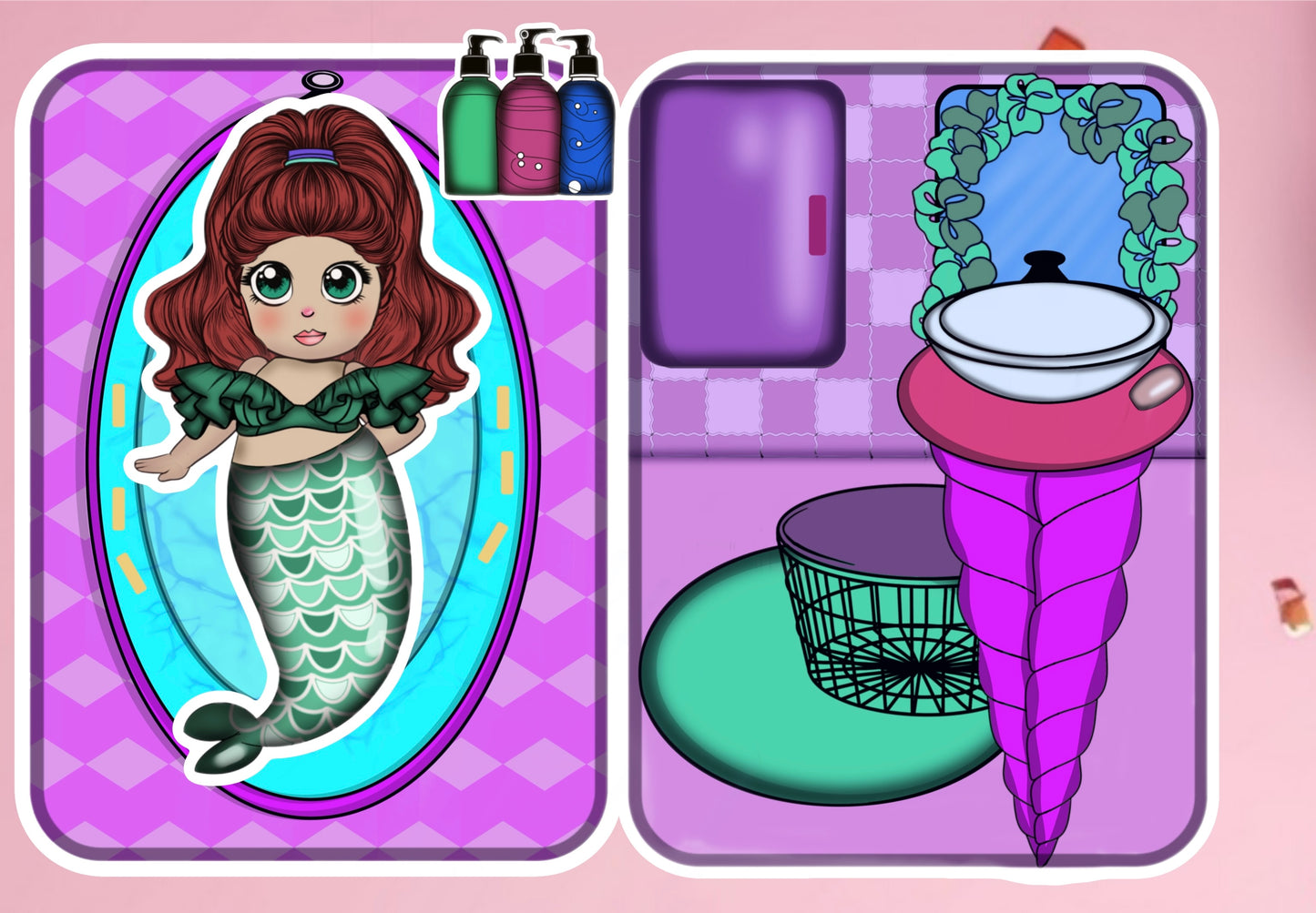 Printable Mermaid Paper Dollhouse and Doll Set, Printable paper doll and dollhouse for kids, Mermaid