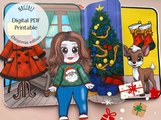 Christmas Paper doll and Printable Dollhouse, Digital Download, Crafts for Kids, Christmas Edition