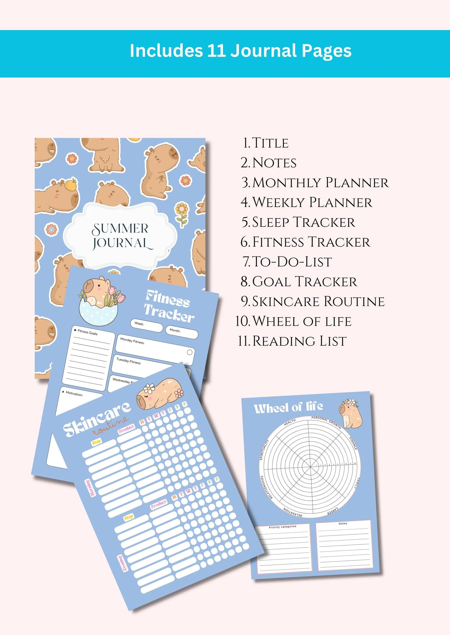Planner Capybara Journal Bundle Summer PRINTABLE Journal Pages PRE-COLOURED Pages Summer Planner Agenda Printable Planner