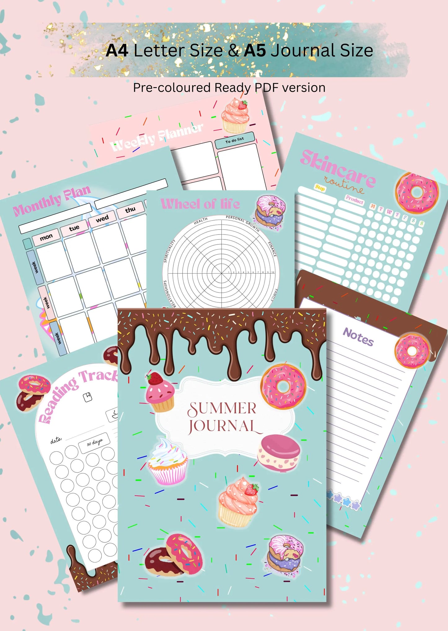 Planner Summer Journal Bundle Cupcakes Cream PRINTABLE Journal Pages PRE-COLOURED Pages Summer Planner Agenda Printable Planner