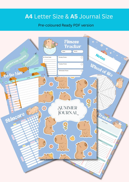 Planner Capybara Journal Bundle Summer PRINTABLE Journal Pages PRE-COLOURED Pages Summer Planner Agenda Printable Planner