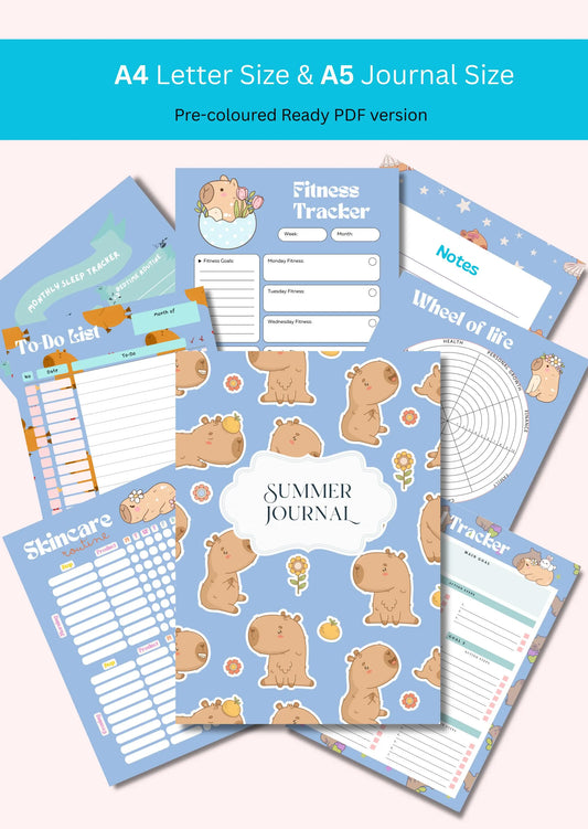 Planner Capybara Journal Bundle Summer PRINTABLE Journal Pages PRE-COLOURED Pages Summer Planner Agenda Printable Planner